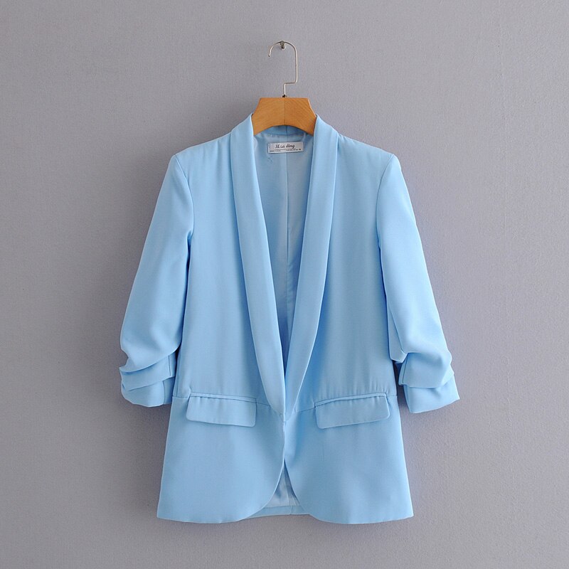 lässig frauen elegante Blazer damen geraffte hülse Blazer jacke Jahrgang weibliche streetwear anzüge mädchen schick anzug: Blau / S