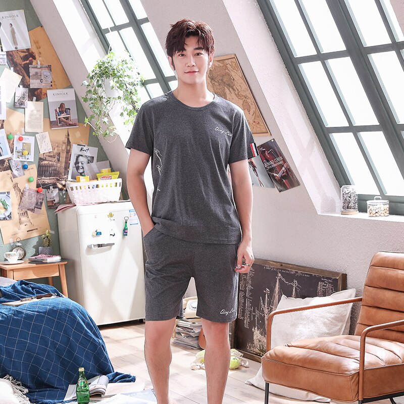 Leisure Summer Men Cotton Pajamas Short Sleeve Male Pajama Set Men Sleepwear Suit Casual Bottom Homewear Clothing Nightwear
