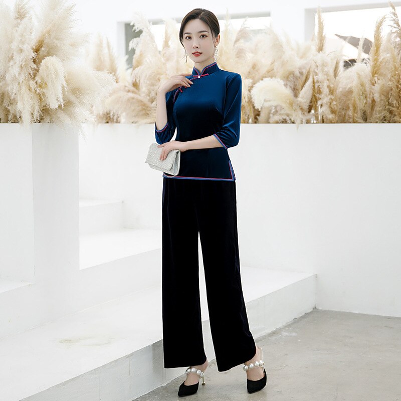 Qipao chino de manga de tres cuartos con cuello mandarín azul marino de terciopelo, ropa Cheongsam de talla grande, vestidos para mujer 4XL 5XL