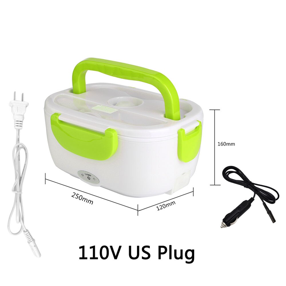 US EU Plug Electric Lunch Box Portable Electric Heating Food Heater With Plastic Liner Rice Container for Office Car Lunch Box: A 110V US Plug Green