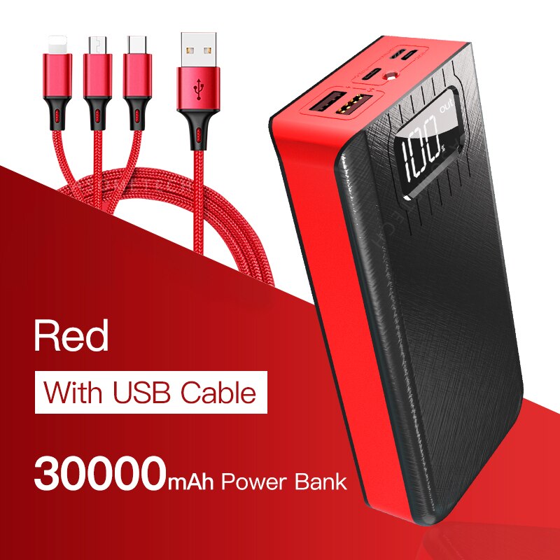 2USB Led Power Bank 30000Mah Draagbare Opladen Poverbank Pack Charge Externe Batterij Powerbank Voor Iphone Xiaomi Samsung Huawei: Red With Cable