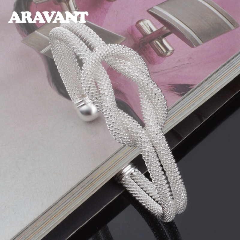 925 Silver Twisted Weave Open Bracelet Bangles For Women Wedding Jewelry