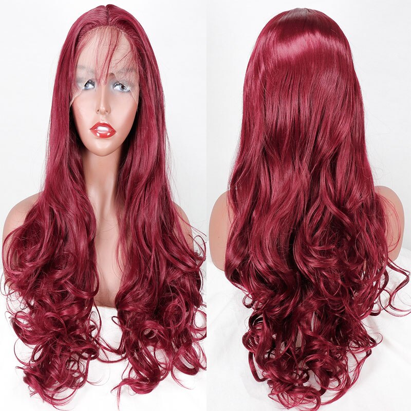 Bombshell Wine Red Burgundy Body Wave Synthetic Lace Front Wig Heat Resistant Fiber Middle Parting With Baby Hair For Women Wigs
