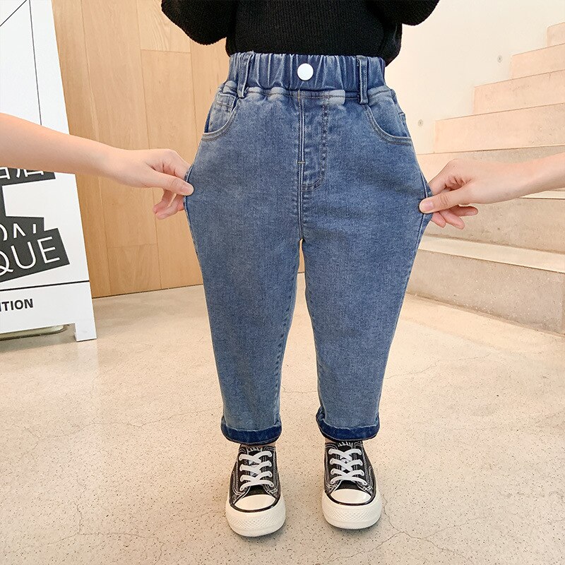 Inverno meninos e meninas macio elástico forro de lã quente jeans 2020 crianças moda all-match calças de brim quente: Azul / 12 m