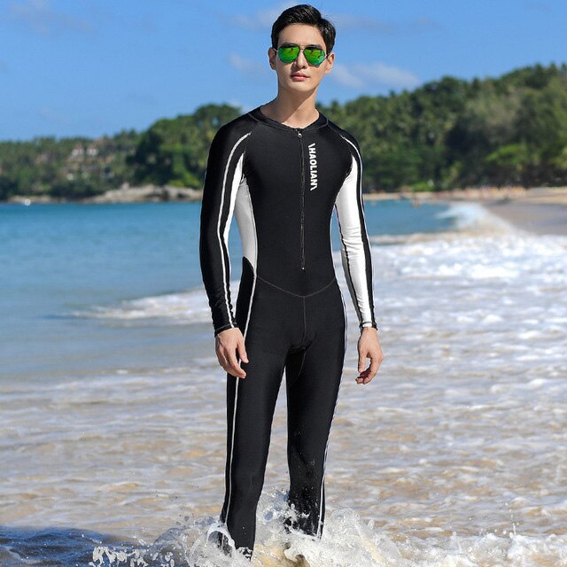 Long Sleeve Rash Guard Men Front Zipper One Piece Wetsuit Swimming Diving Suit Snorkeling Surfing Swimwear Beach Wear Body Suits: Black / L(weight 45-55kg)