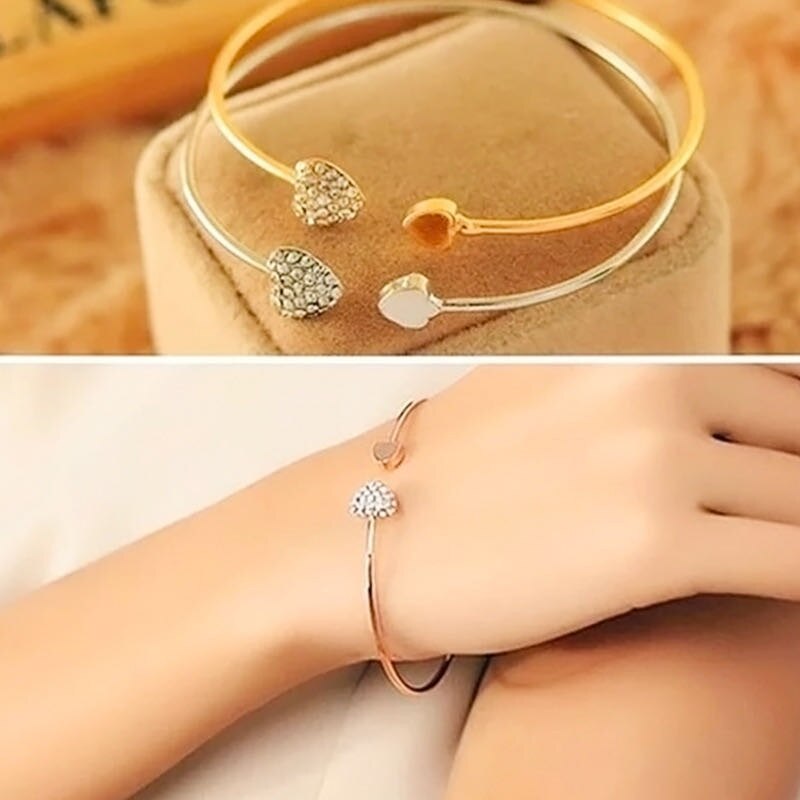 Shiny Adjustable Crystal Double Heart Bow Cuff Opening Bracelet For Women Jewelry