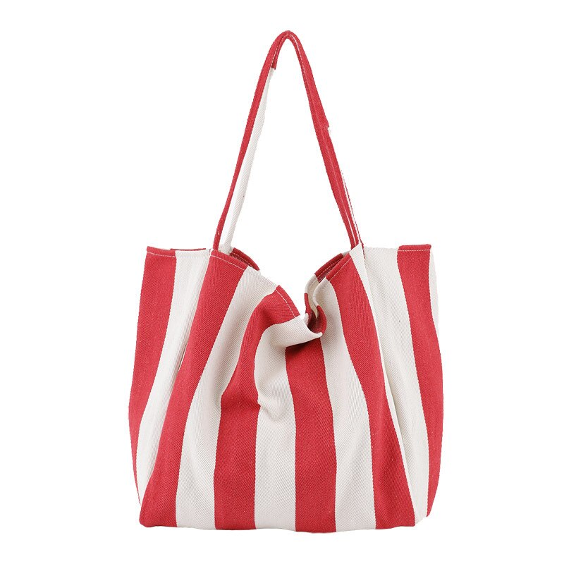 Large Capacity Canvas Women's Bag Retro Simple Striped Women's Shoulder Bag Multifunctional Casual Open Tote Shopping Bag: Wide Bar-Red