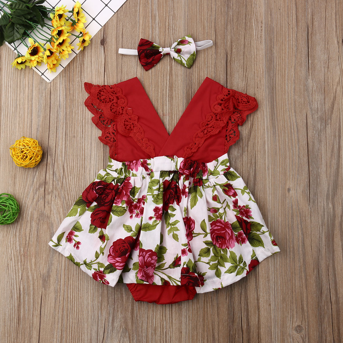 2019 bebê verão roupas infantis do bebê meninas floral bodysuit vestido sem mangas rendas com decote em v babados macacão bandana outfits