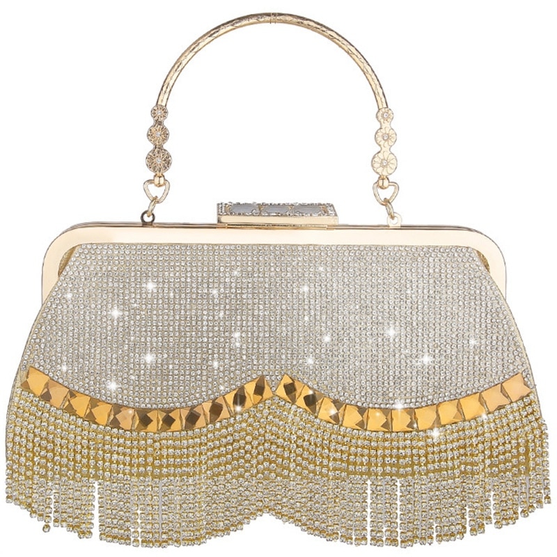 Women'S Crystal Evening Bag Retro Beaded Clutch Wedding Diamond Lock Rhinestone Chain Fringe Shoulder Bag