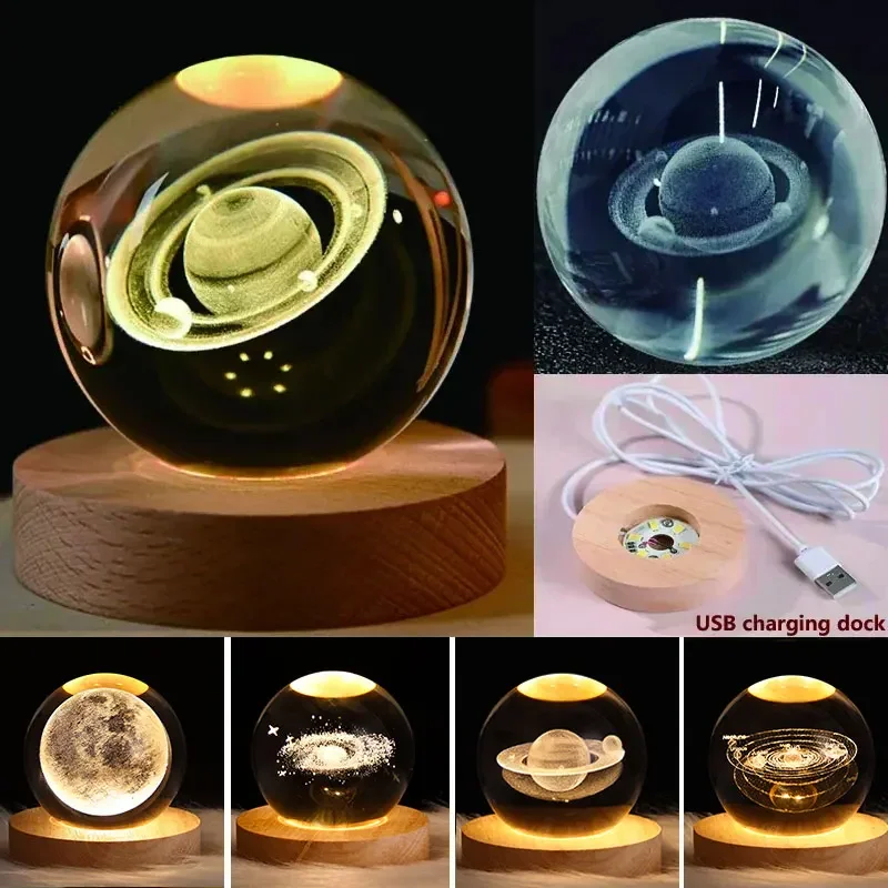 Lampe boule de cristal galaxie alimentée par USB, lumière de lune éclairée en 3D pour la maison, chambre à coucher, bureau, décoration de table, veilleuse