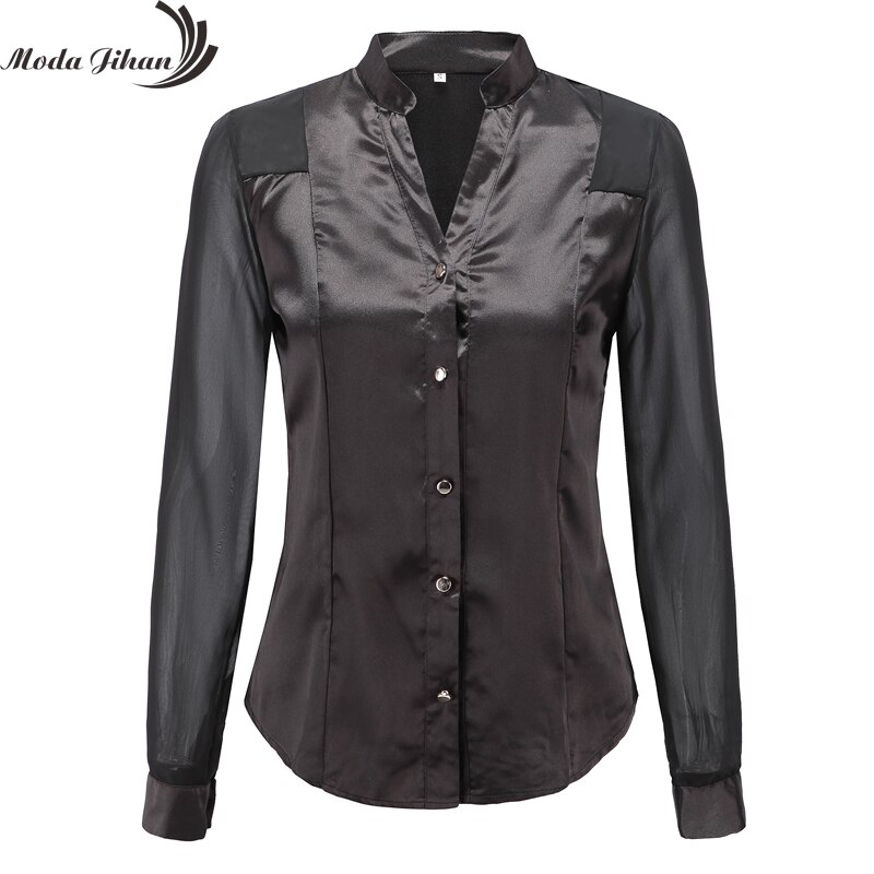 Moda Jihan Vrouwen Blouses Wit Zwart Lange mouw Chiffon Splice Satijn Office Tops Slanke Stijl V-hals Vrouwelijke