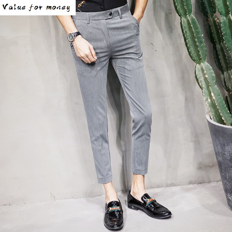 Britse herenstijl, slim fit, zwarte grijze broek, heren formele pantalon, lana streep, heren zakelijke broek, elegante