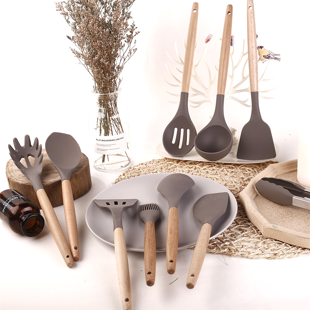 Juego de cocina de silicona antiadherente, resistente al calor, fácil de limpiar, de madera maciza, mango de madera de haya, juego de espátulas