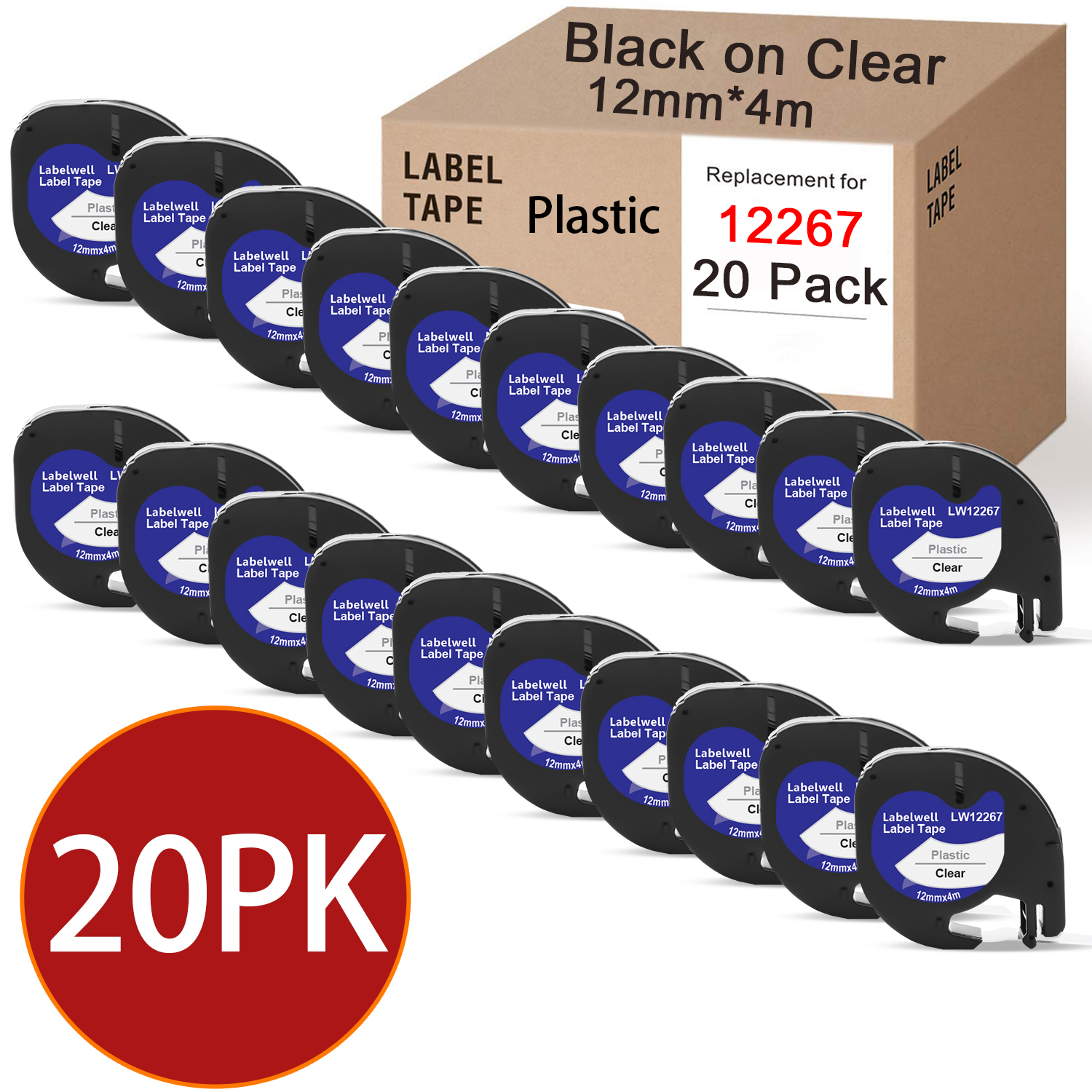 20Pcs 12267 Compatibel Dymo Letratag 91201 Zwart Op Witte Plastic Label Voor Dymo LT-100H Label Maker Eva LT100H Eva printer Case: 20PK Black on Clear