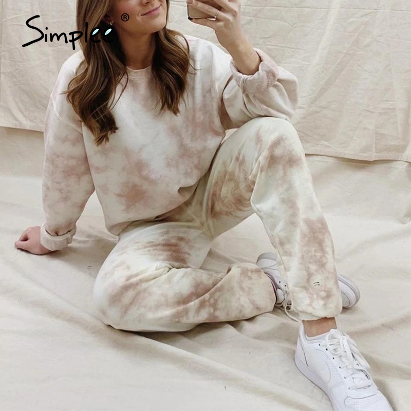 Simplee plus size efterår vinter kvinder jakkesæt tie dye 2 pecs jakkesæt afslappet dame streetwear høj oversize sæt jakkesæt: L