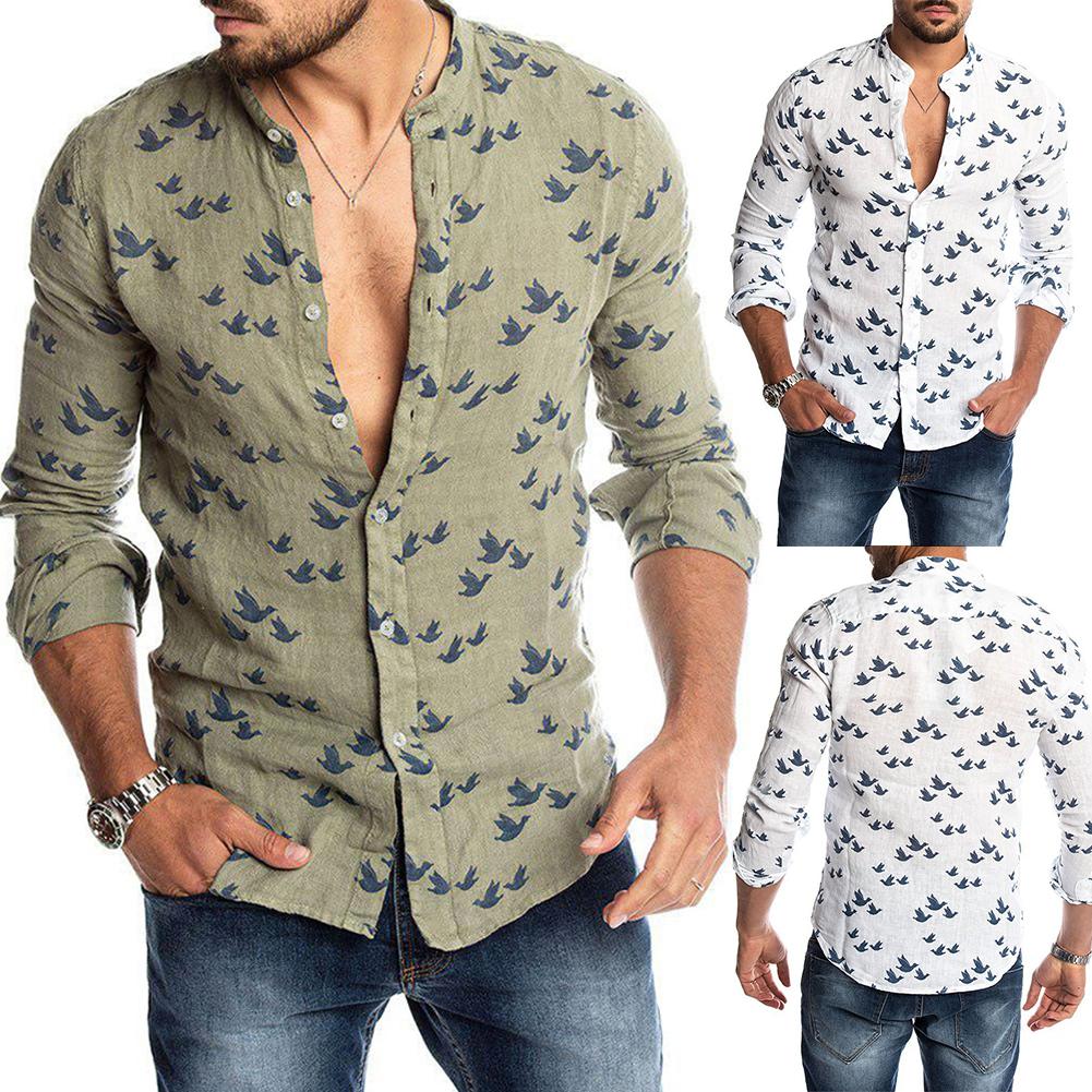 Primavera otoño Casual hombres paloma imprimir botones de manga larga camisa de lino Slim Top hombres ropa de señora de la ropa para hombre de la hoja de
