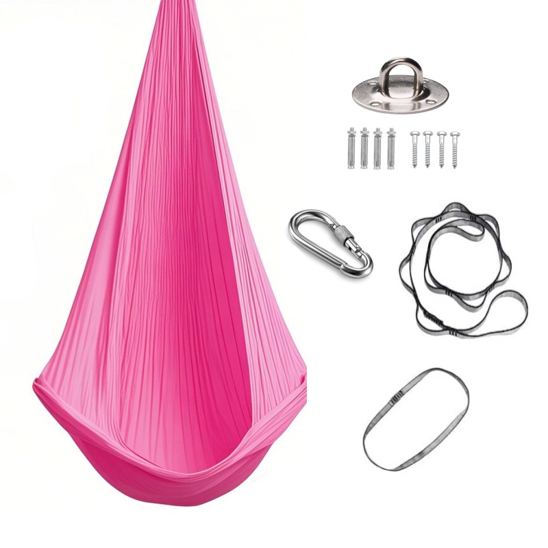 1.5*2.8m elastiska gunghängmattor för inomhus och utomhus (inklusive fästdetaljer) elastisk gunga hängande justerbar luftyoga vuxen helande hängmatta gungställning, hängmatta i elastiskt tyg. omfamna gungan, häng upp gunghängmattan, perfekt för yoga,: Rosa
