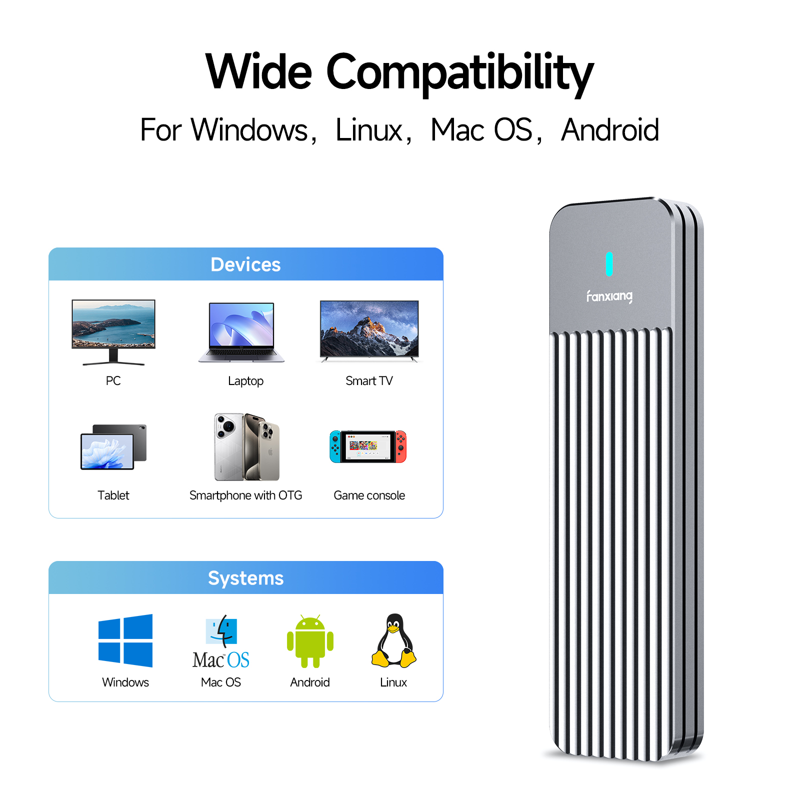 Fanxiang MD87 M.2 SSD Enclosure 10Gbps NVMe/NGFF-SATA Dual Protocol USB 3.2 Gen2 Type C Supports M/B+M Keys/2230/2242/2260/2280