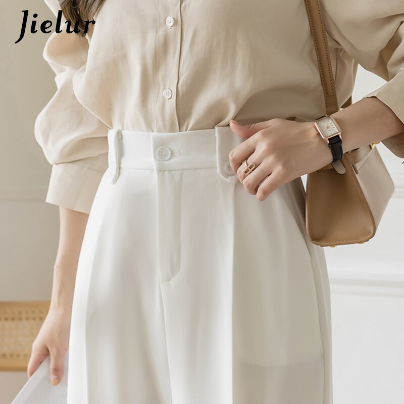 Jielur – Pantalon à jambes larges pour femmes, blanc, taille haute, poches, vêtements de travail décontractés, Ol, noir, s-xl