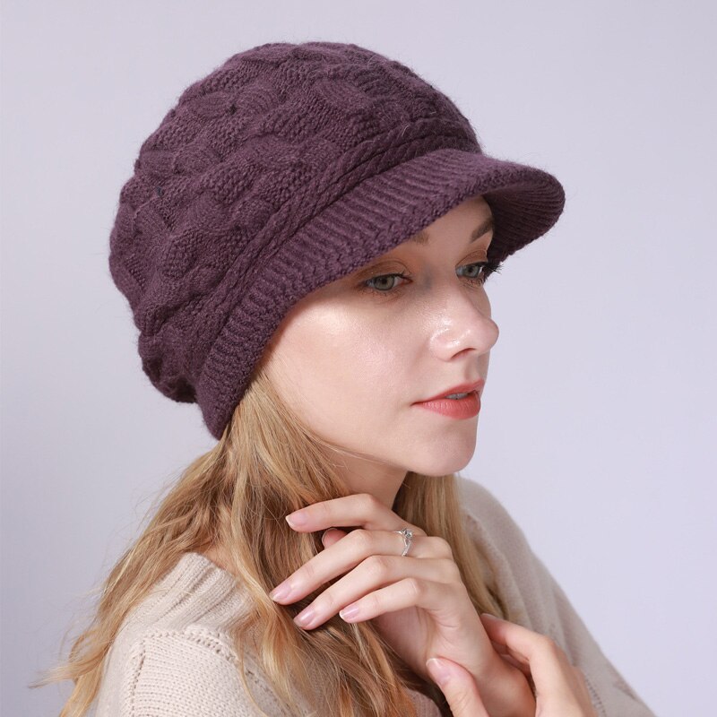 Bonnet d&#39;hiver en fourrure de lapin pour Femme, tricot, Crochet, Ski, Skullies: Dark purple