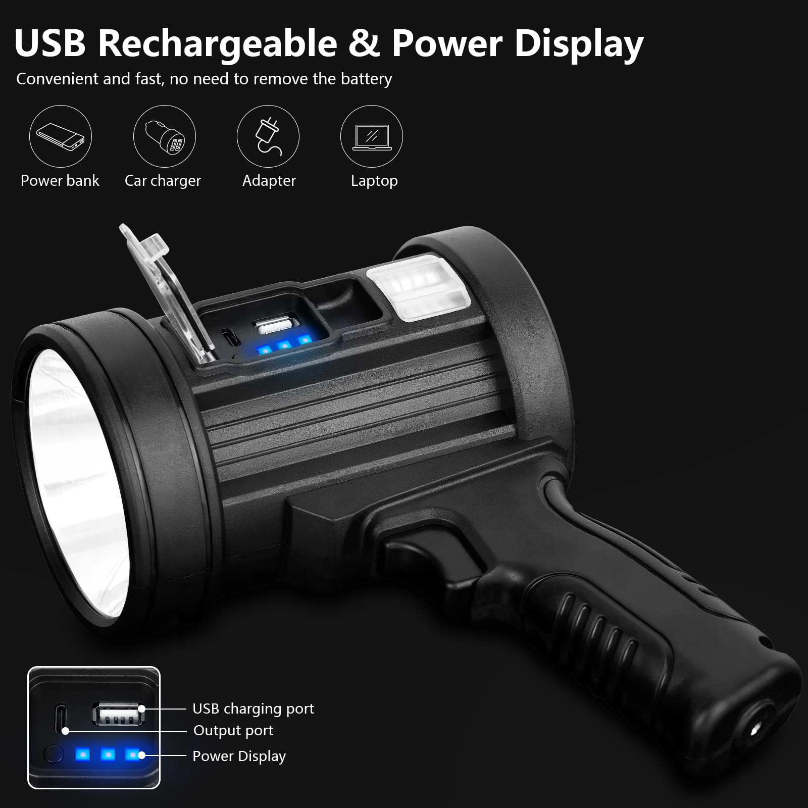 Projecteur Rechargeable, lampe de poche de chasse portative 1000,000 Lumens, Spot Led avec lumière Cob et panneaux solaires pour le Camping