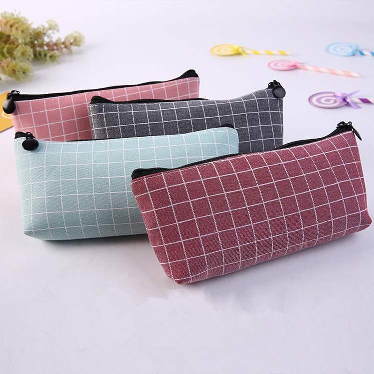 simple pencil case canvas small plaid pen case school pencil case small object storage bag stationery bag