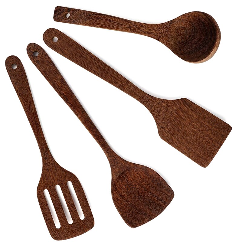 NAYAHOSE Lot de 7 ustensiles de cuisine en bois de teck naturel avec cuillère, louche, fourchette