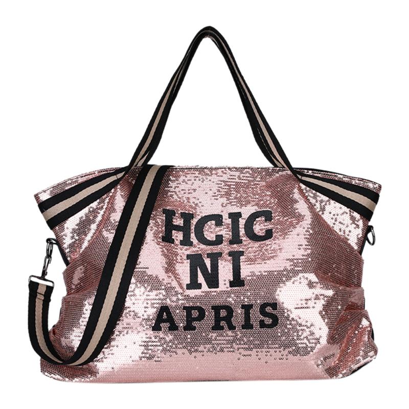 Travel Messenger Bag Women Girl Sequin Shoulder Shopping Crossbody Large Capacity Handbag Letters Printing Top-Handle Bags: Pink