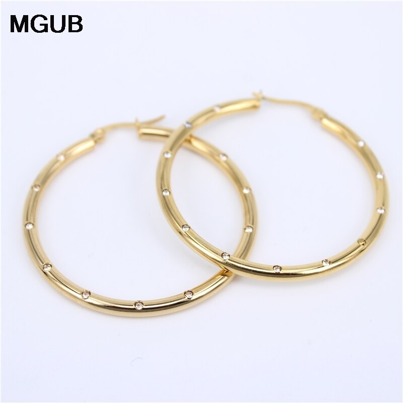 MGUB Diameter 35MM-55MM Big crystal Hoop Earrings Gold Color Stainless Steel Jewelry Circle Round Earrings For Women LH501