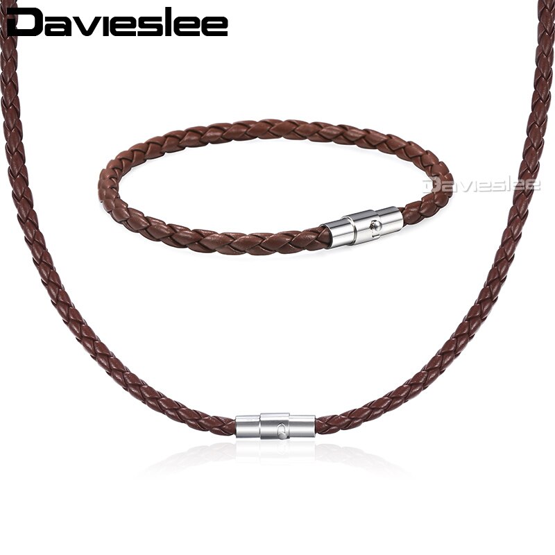 Davieslee Men Women&#39;s Leather Jewelry Set Black Brown Braided Rope Leather Bracelet Necklace Set Jewelry 4 6 8mm DUSM04