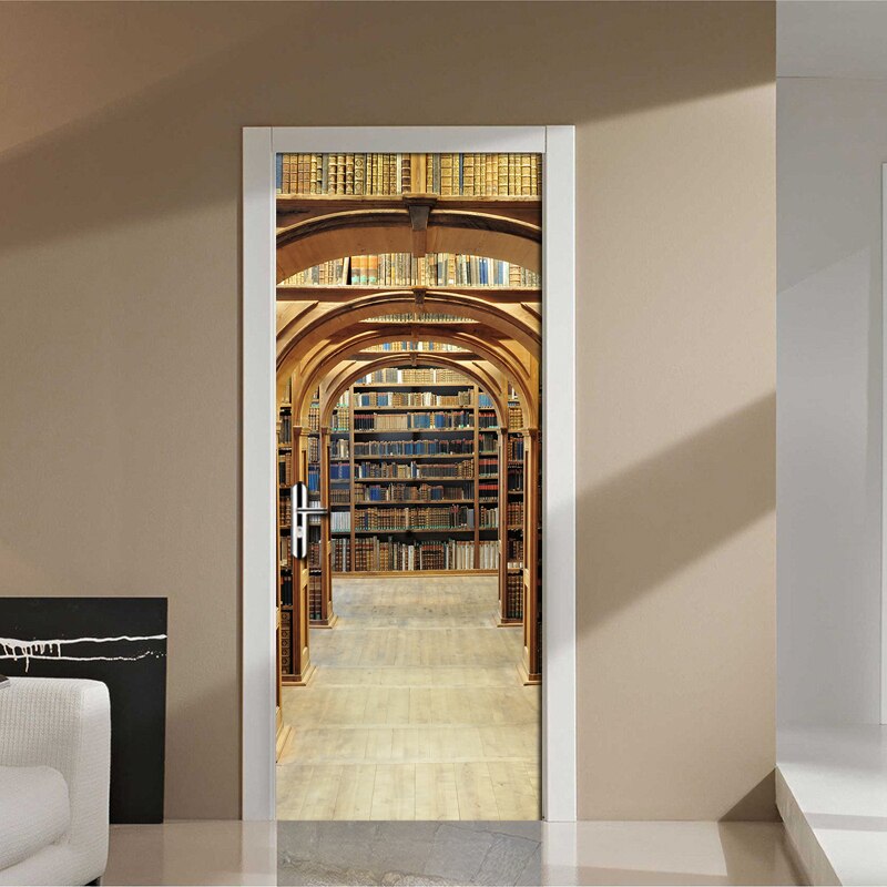 PVC Self Adhesive Waterproof Door Sticker Living Room Bookshelf Mural Wallpaper 3D Stereo Space Study Room Door Mural Decal
