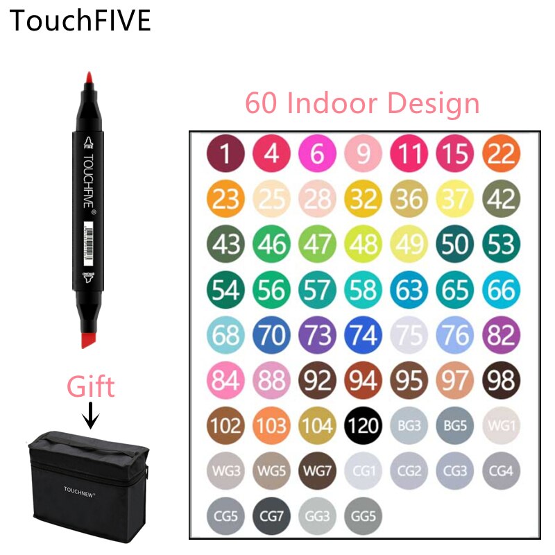 TouchFIVE-rotuladores de fieltro con Alcohol, bolígrafos de doble punta permanente para artista, suministros escolares de arte, marcadores para bocetos de Manga, 30/40/60/80: 60 Color Indoor