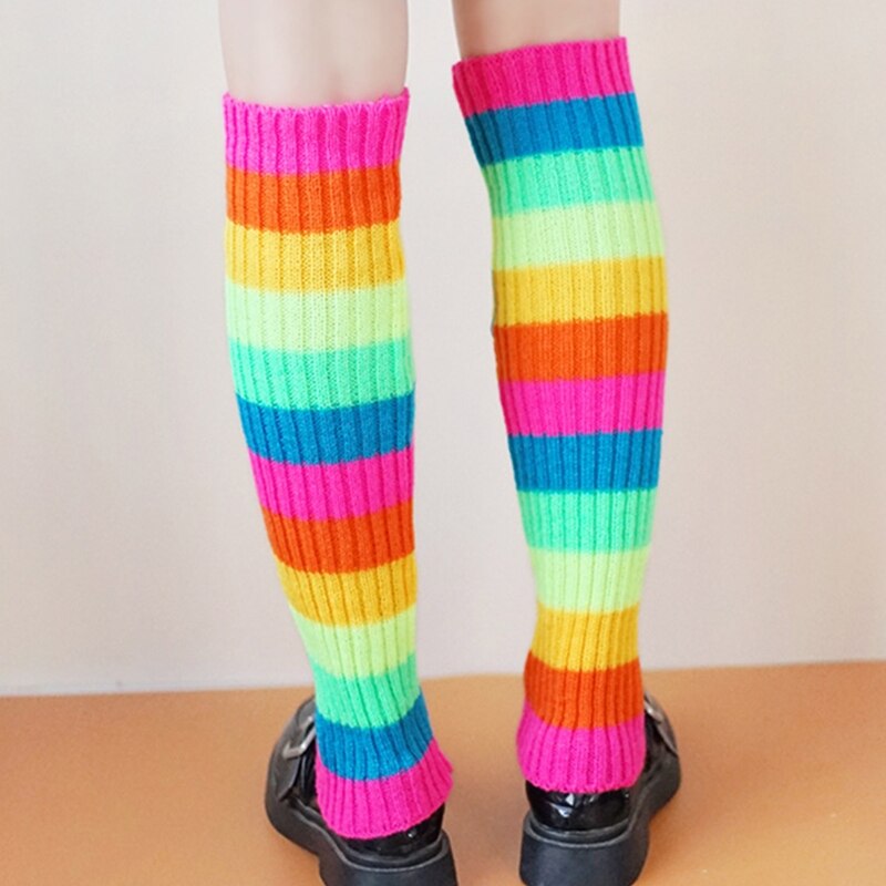 Women 80s Retro Party Ribbed Knit Leg Warmers Neon Rainbow Multicolor Striped Foot Cover Sleeve Ballet Dance Sport Knee High