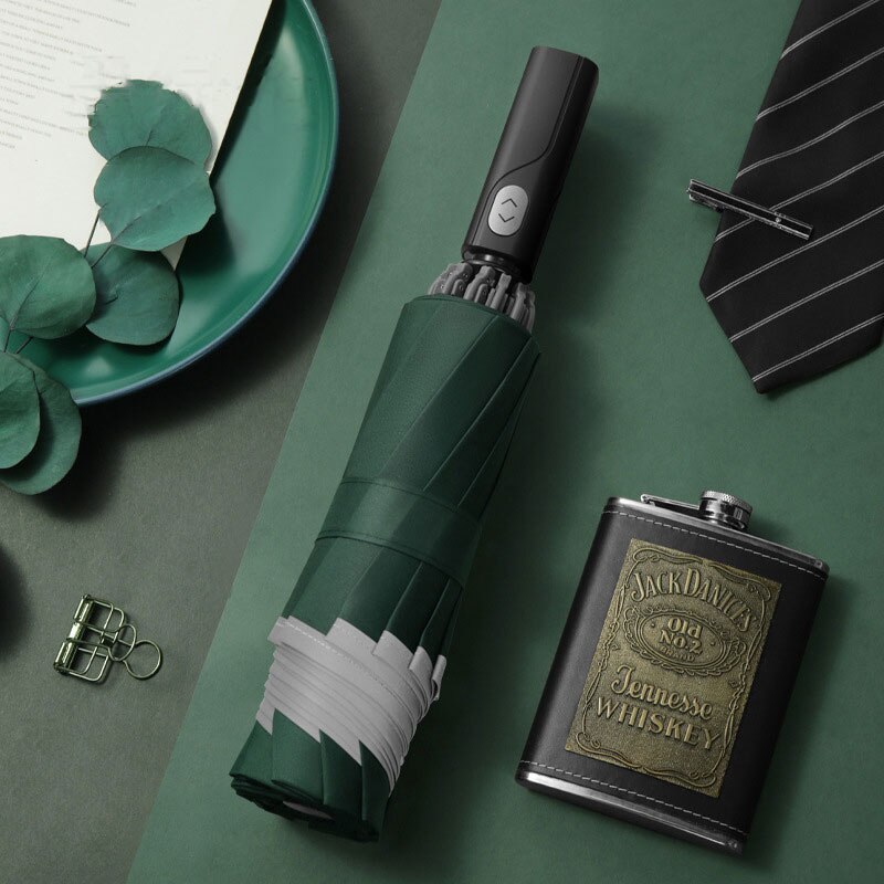 Windproof Automatic Inverted Umbrella 10 Ribs 3Fold Portable Large Reverse Umbrella with Reflective Stripe Umbrella Male Parasol: Dark-green