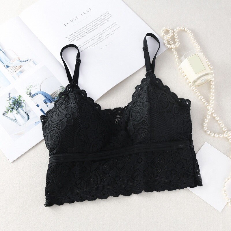 Strappy Lace Bralette Crop Top Sexy Sheer Embroidery Floral Bralette Push Up Floral Sexy Bras For Women Bralette Encaje Lingerie: Black