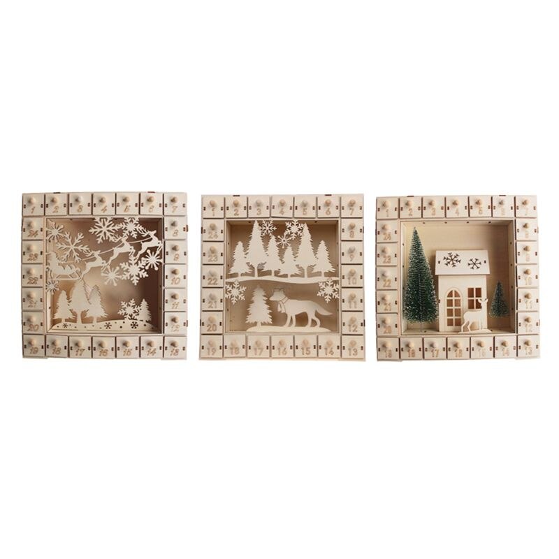 Arbre de noël en bois calendrier de l'avent compte à rebours décoration 24 tiroirs avec lumière LED