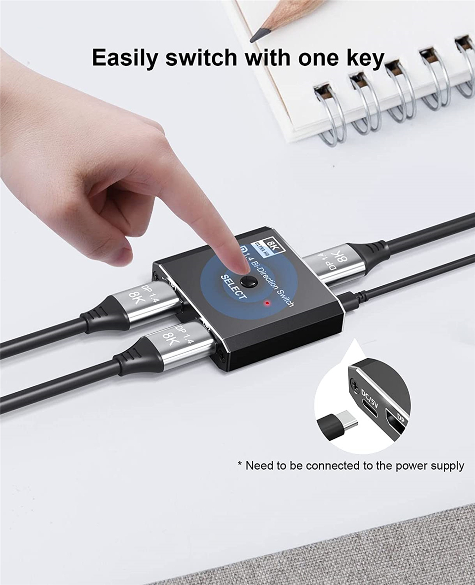 2 x 1 1 x 2 displayport dubbelriktad switch 8k @ 60hz 4k @ 120hz manuell dp dubbelriktad switch 2 in 1 utgång för pc-skärm projektor tv