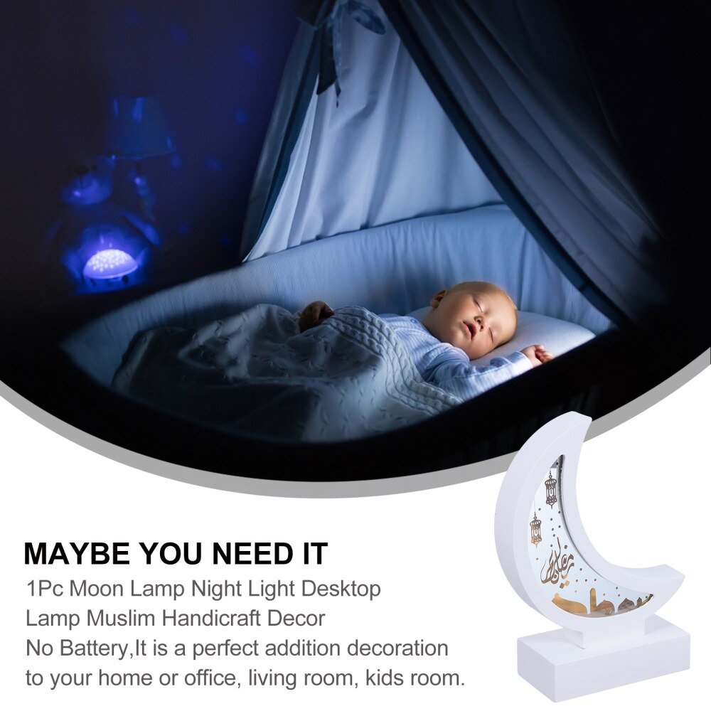 1Pc Desktop Lamp Bedside Night Light Wooden Moon Lamp Battery