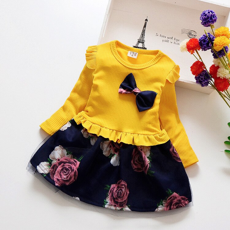 1-4y Bambino Del Bambino Della Ragazza del Vestito di Autunno Del Bambino Vestito Floreale Manica Lunga Per Bambini Vestiti Delle Ragazze di Modo Vestiti: Yellow / 3T