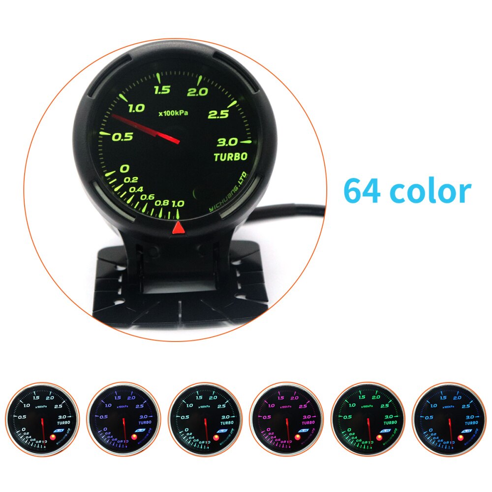 Modified Auto Car Instrument 12V 64 Color Backlight Adjustable 300KPa Turbocharger Gauge Car Meter with Sensor (Black): Default Title