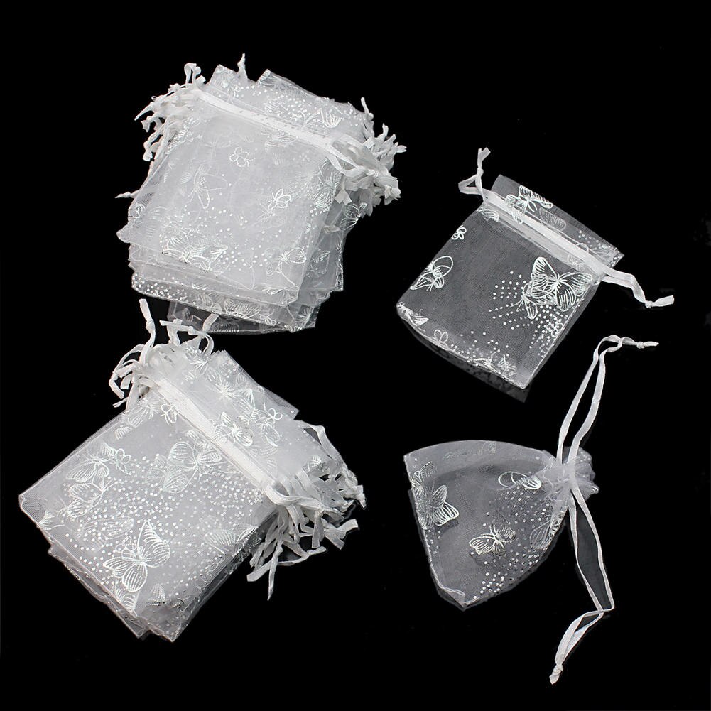 50 sztuk dość biały motyl organzy cukierki czekoladowe torby torba na prezent biżuteria torebki ślubne impreza urodziny dostaw