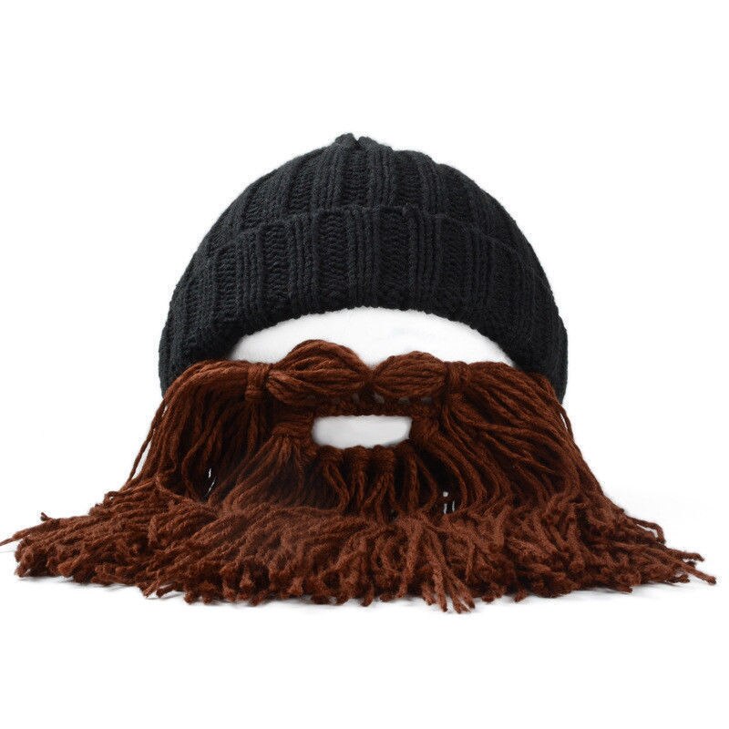 Men Warm Wool Beanie Beard Face Mask Crochet Winter Ski Cosplay Prop Caps Hats, Black