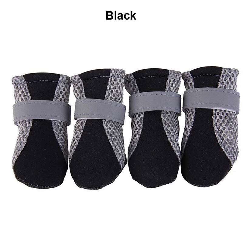 4Pcs Dog Shoes Anti-slip wet Boots Winter and Autumn Paw Protector Reflective Straps Dog Chihuahua Teddy Net Shoes: Black / S