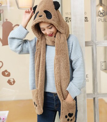3 in 1 functies dier cartoon koraal fleece sjaal winter mooie panda muts met handschoenen voor kinderen volwassenen kerst: Lichte koffie voor volwassenen