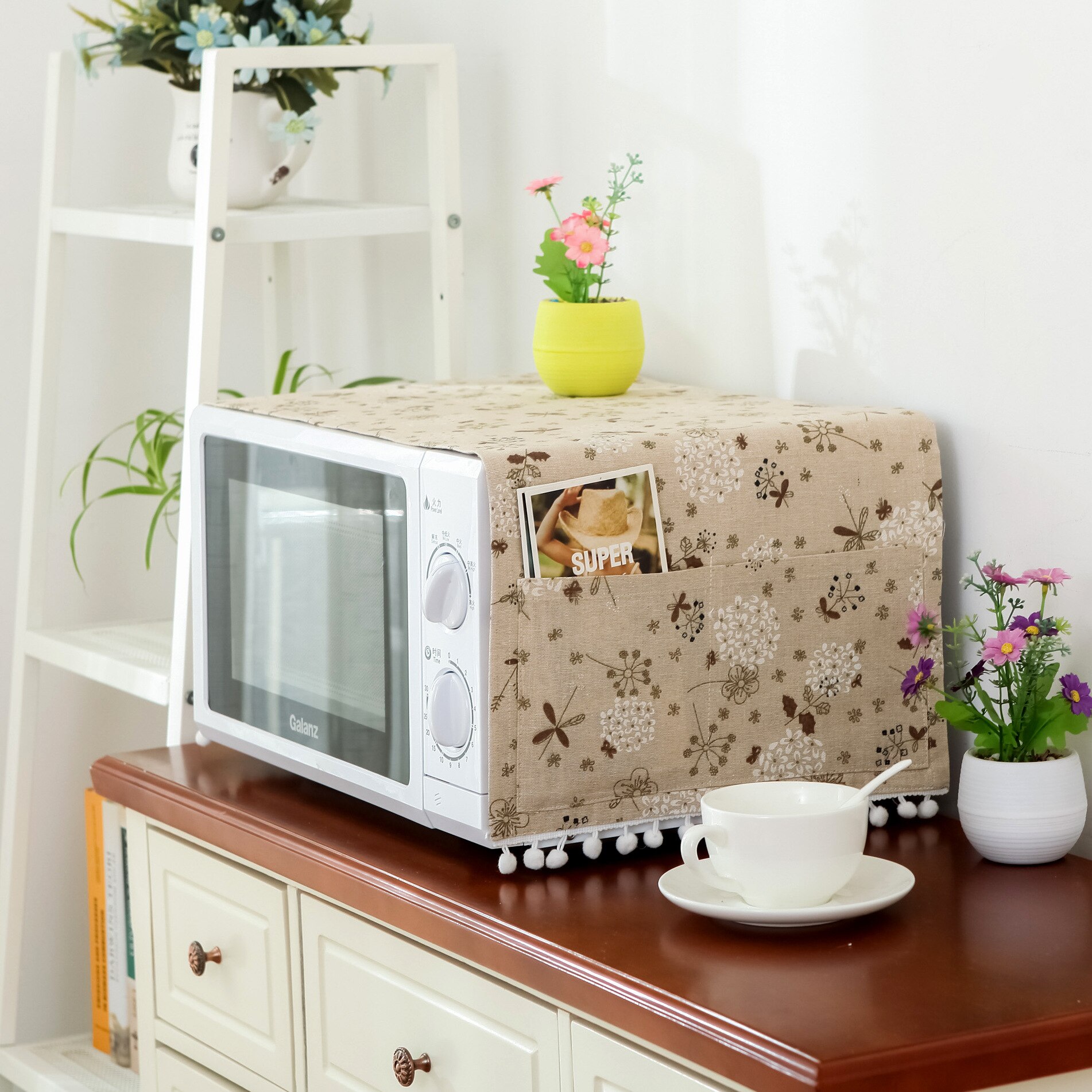 30x90cm floral microwave oven dust cover double pockets cotton linen cover for cabinet absorbent oil-proof microwave oven case
