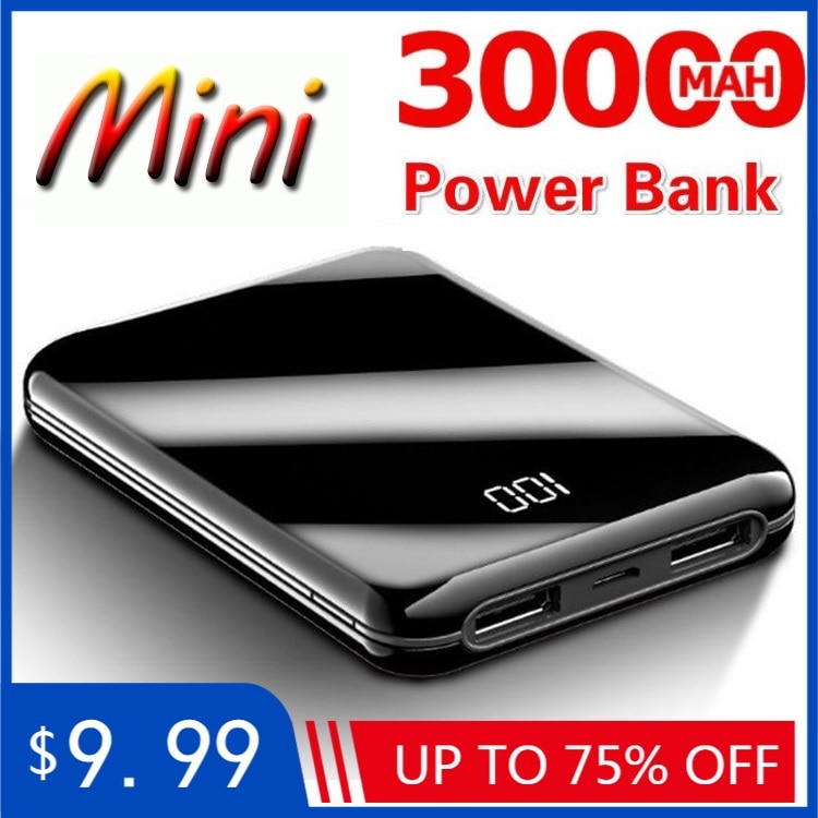 30000mAh Power Bank Mini Mirror Screen Digital Display Portable Phone Battery Ultra-thin Power Bank For iphone 5 6 8 x