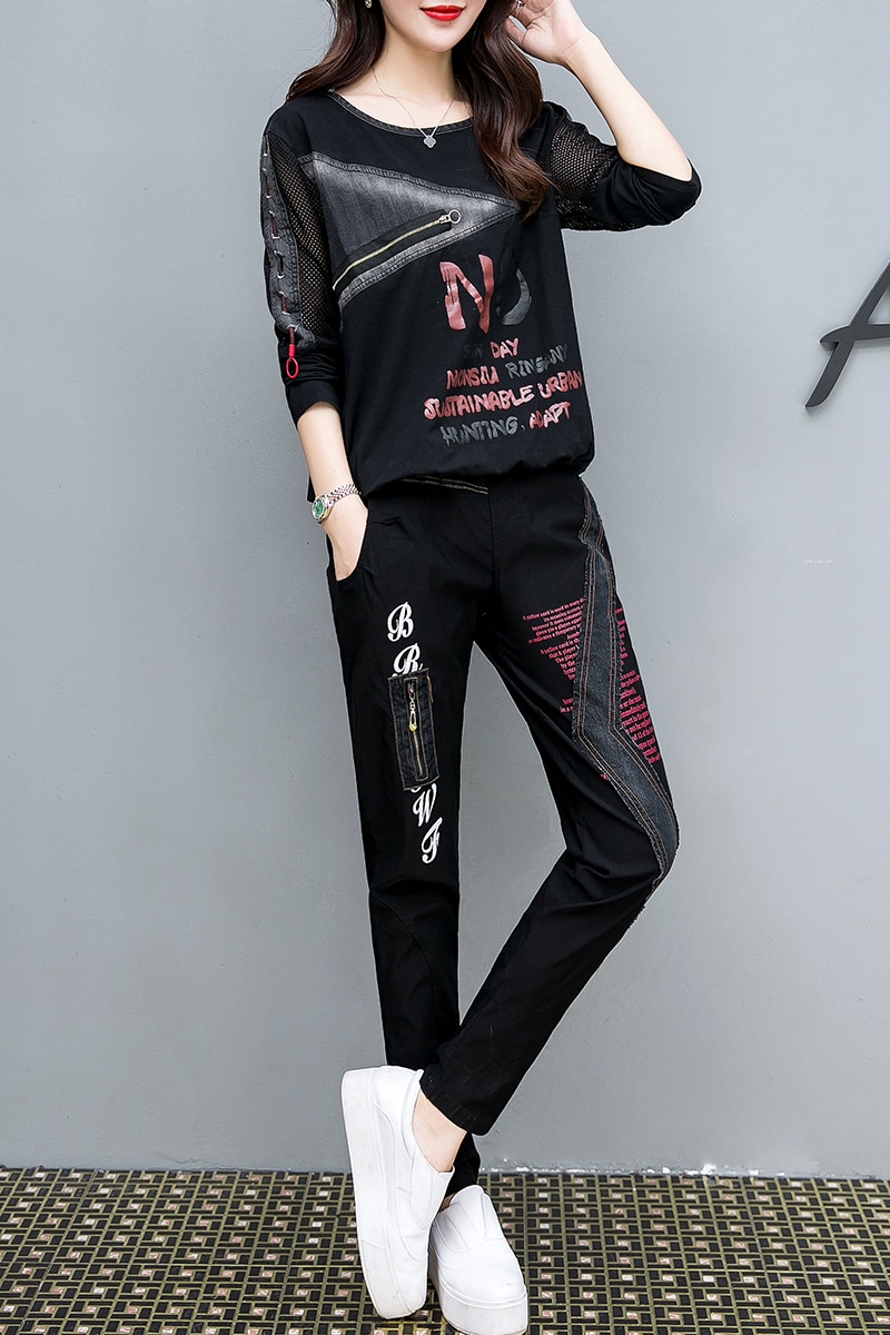 Tracksuit For Women Autumn Loose Large Size Crop Tops+Denim Pants Suit Female Casual Plus Size Two Piece Sets M-4XL