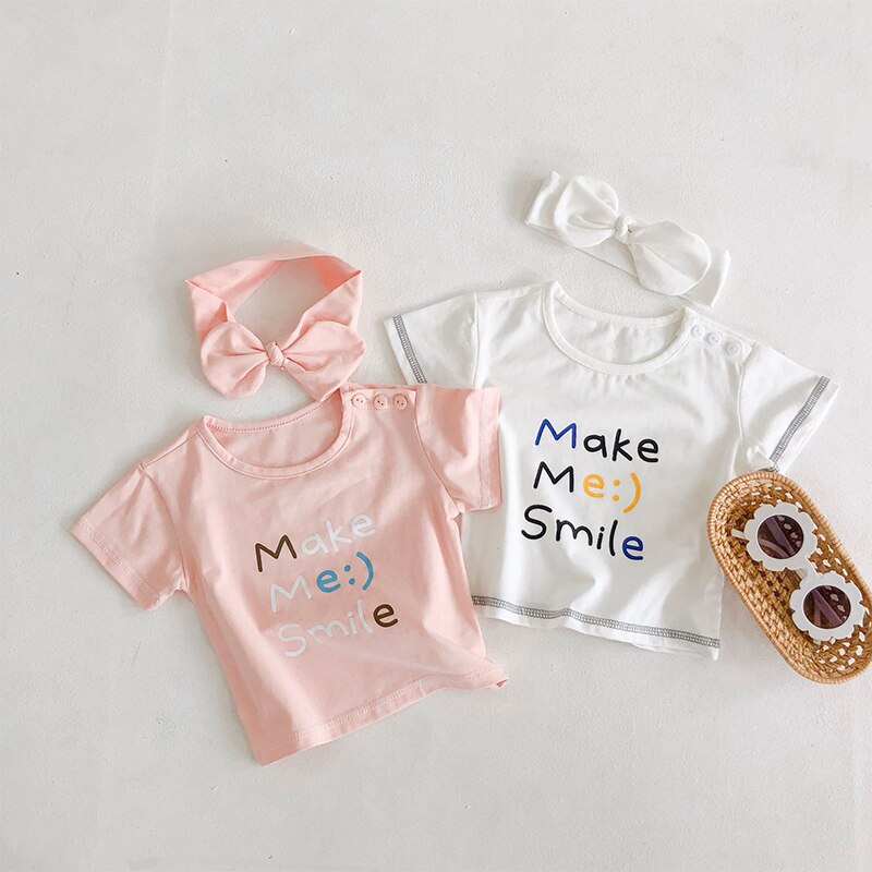 2022 0-20M Machen Mich Lächeln Kleinkind Baby Mädchen T-Shirt Süße knapp Drucken Kurzarm Rundhals Baumwolle t + Bogen Stirnband Sommer 2 stücke