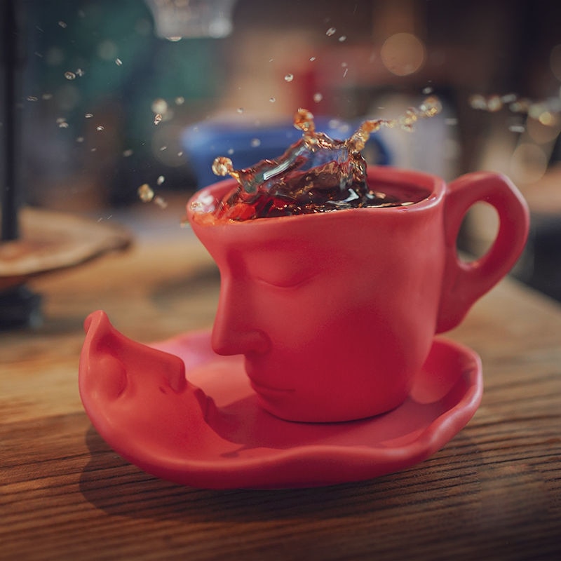 250ml Ceramic Human Face Mug Thinker Coffee Cup Funny Face Shape Cup With Tray Set Color Milk Tea Water Drinking Cup