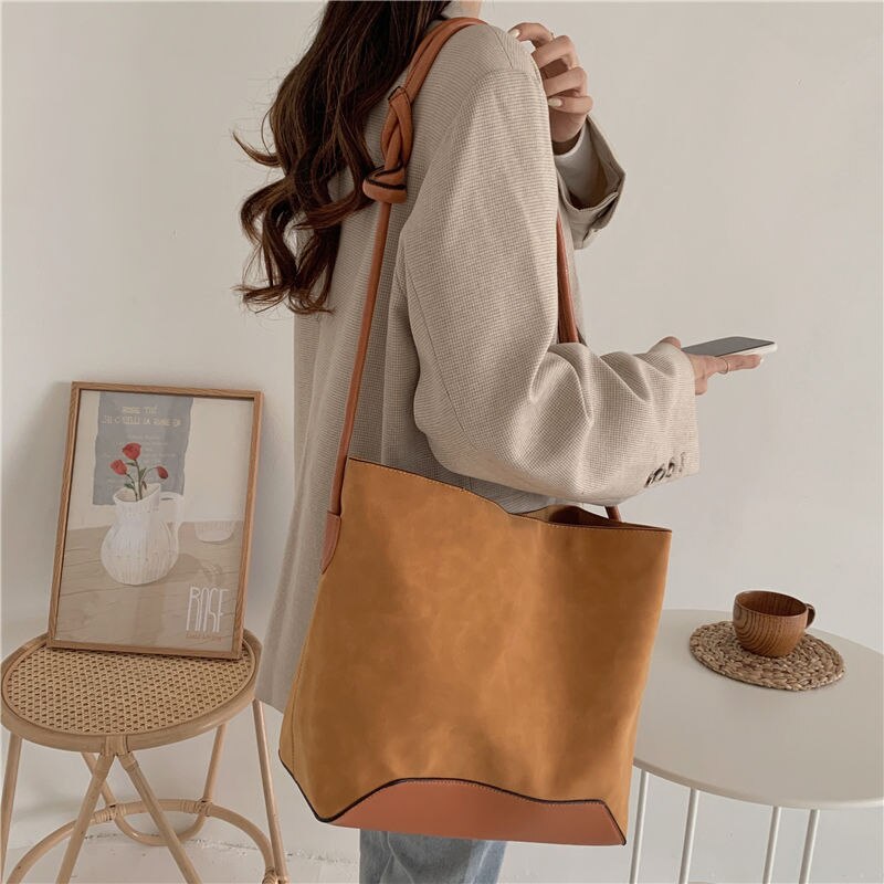 Nubuck Pu Leer Vrouwen Emmer Handtassen Vintage Casual Grote Capaciteit Vrouwelijke Schoudertas Crossbody Tas Boodschappentas